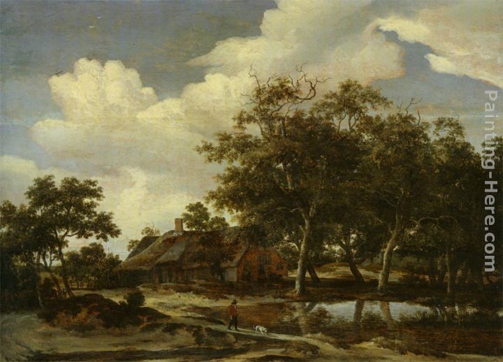 Meindert Hobbema A wooded landscape with a figure crossing a bridge over a stream